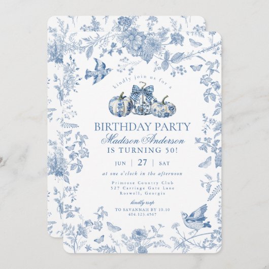 Blue Toile Pumpkin Franse Herfst Verjaardagsfeest Kaart (Voorkant / Achterkant)