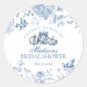 Blue Toile Pumpkin Franse Herfst Vrijgezellenfeest Ronde Sticker (Voorkant)