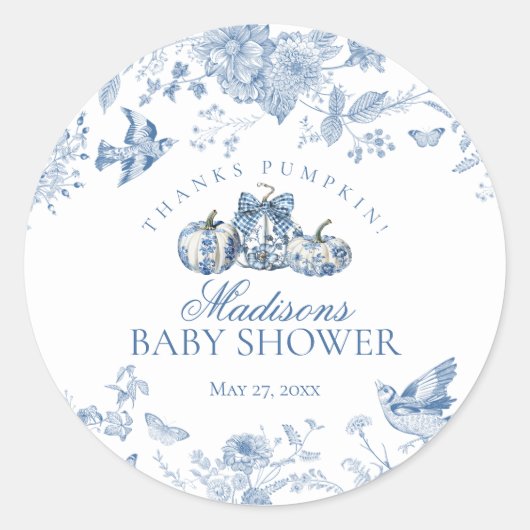 Blue Toile Pumpkin French Fall Baby Shower Favor Ronde Sticker (Voorkant)