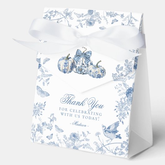 Blue Toile Pumpkin French Fall Dessert Favor Boxes Bedankdoosjes (Voorkant)