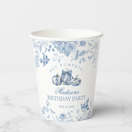 Blue Toile Pumpkin French Fall Floral Birthday Papieren Bekers (Achterkant)