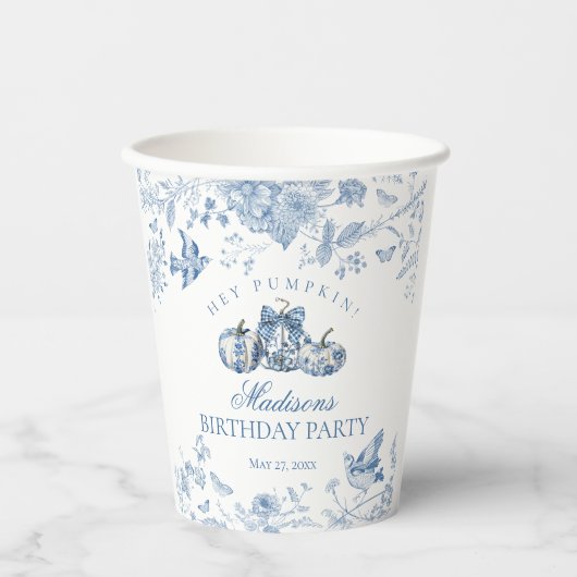 Blue Toile Pumpkin French Fall Floral Birthday Papieren Bekers (Voorkant)