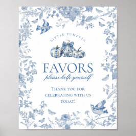 Blue Toile Pumpkin French Fall Floral Favors Sign Poster
