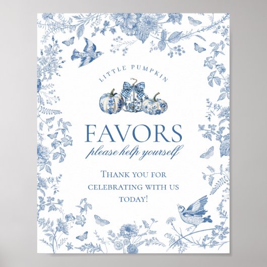 Blue Toile Pumpkin French Fall Floral Favors Sign Poster (Voorkant)