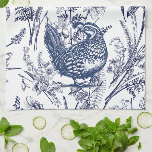 Blue Toile Quail - Wildlife at Home Theedoek (Gevouwen)