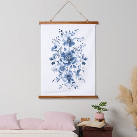 Blue Toile Regency Chinoiserie Waterverf Floral Hangend Wandkleed (Slaapkamer)