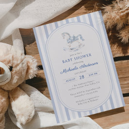 Blue Toile Rocking Horse Boy Baby shower Kaart