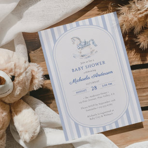  Blue Toile Rocking Horse Boy Baby shower Kaart