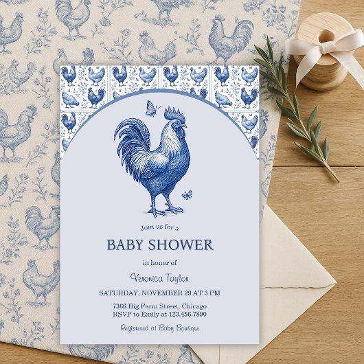 Blue Toile Rooster Frans Baby shower Kaart