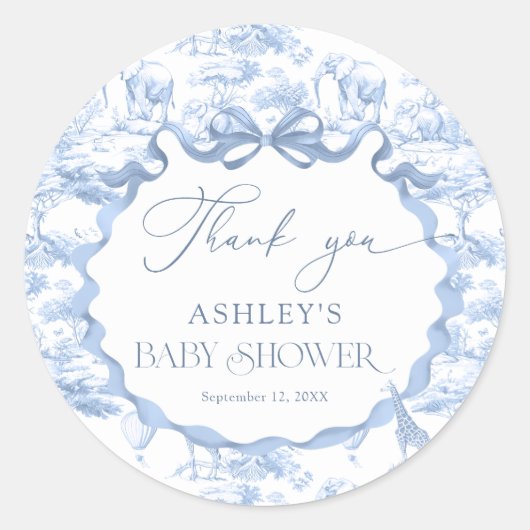 Blue Toile Safari Animal Baby shower Bedankt Ronde Sticker (Voorkant)