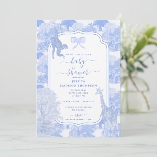 Blue Toile Safari Animals Chinoiserie Baby shower Kaart (Staand voorkant)