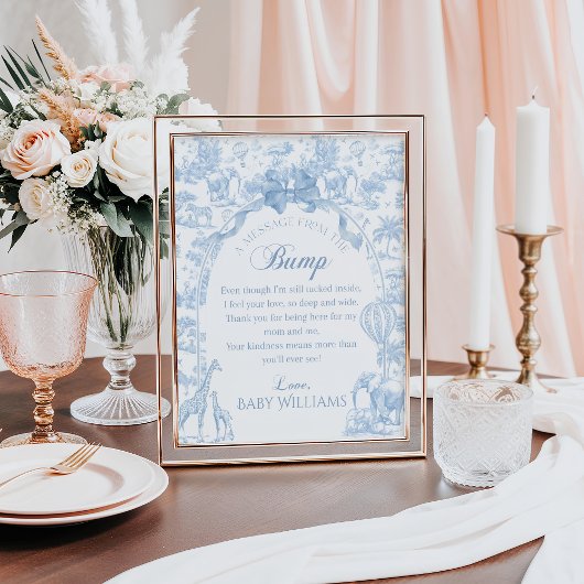 Blue Toile Safari Baby shower Bump Message Poster
