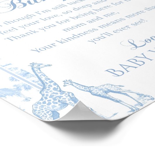 Blue Toile Safari Baby shower Bump Message Poster (Hoek)