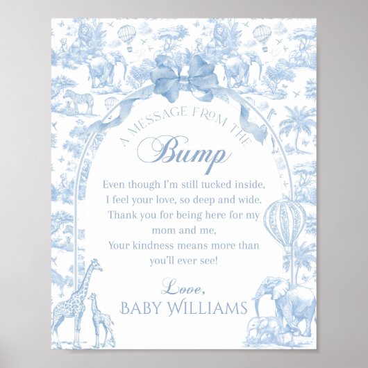 Blue Toile Safari Baby shower Bump Message Poster (Voorkant)