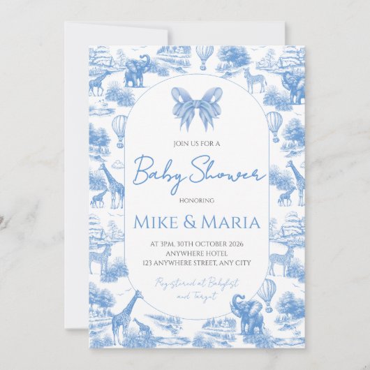 Blue Toile Safari Baby Shower Invitation Kaart (Voorkant)
