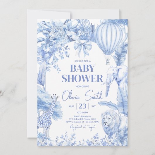 Blue Toile Safari Baby shower Kaart (Voorkant)
