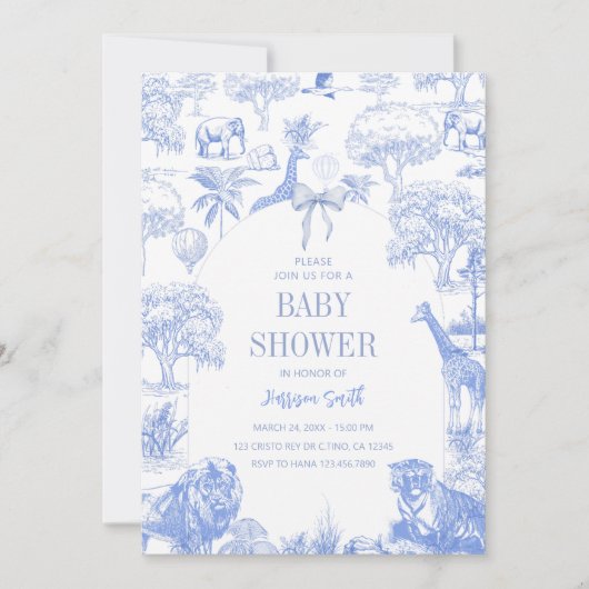 Blue Toile Safari Baby shower Uitnodiging (Voorkant)