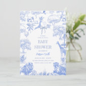Blue Toile Safari Baby shower Uitnodiging (Staand voorkant)