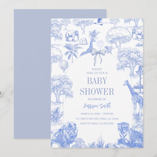 Blue Toile Safari Baby shower Uitnodiging (Voorkant / Achterkant)