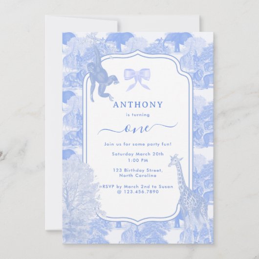 Blue Toile Safari Dieren Chinoiserie Jongen Verjaa Kaart (Voorkant)