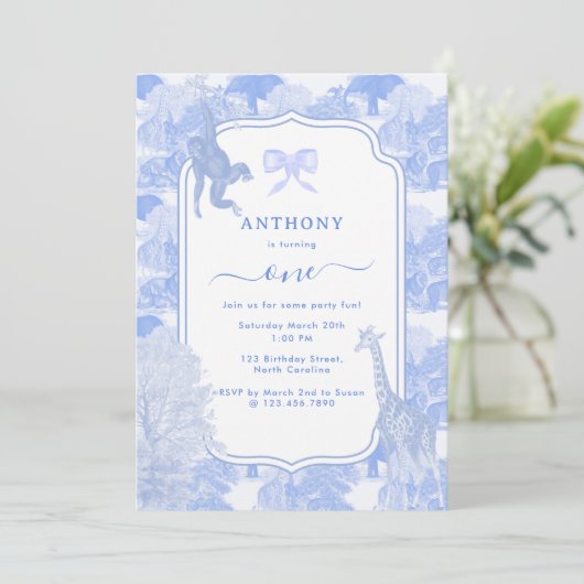 Blue Toile Safari Dieren Chinoiserie Jongen Verjaa Kaart (Staand voorkant)