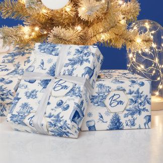 Blue Toile Seamless Pattern Vintage Winter Holiday Cadeaupapier