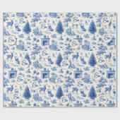Blue Toile Seamless Pattern Vintage Winter Holiday Cadeaupapier (Vlak)