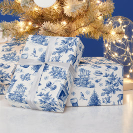 Blue Toile Seamless Pattern Vintage Winter Holiday Cadeaupapier
