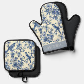 Blue Toile Shabby Chic Gepersonaliseerd Ovenwant & Pannenlap Set (Voorkant / Achterkant)