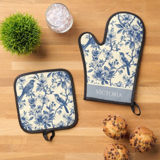 Blue Toile Shabby Chic Gepersonaliseerd Ovenwant & Pannenlap Set (Top down)