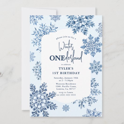 Blue Toile Snowflake Winter 1e verjaardag Kaart (Voorkant)