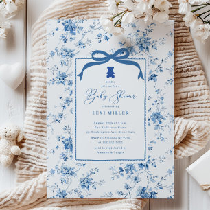 Blue Toile Teddy Bear Baby shower Kaart
