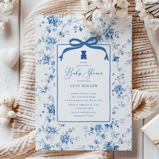 Blue Toile Teddy Bear Baby shower Kaart