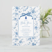 Blue Toile Teddy Bear Baby shower Kaart (Staand voorkant)