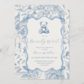 Blue Toile Teddy Bear Baby shower Uitnodiging (Voorkant / Achterkant)