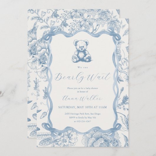 Blue Toile Teddy Bear Baby shower Uitnodiging (Voorkant / Achterkant)