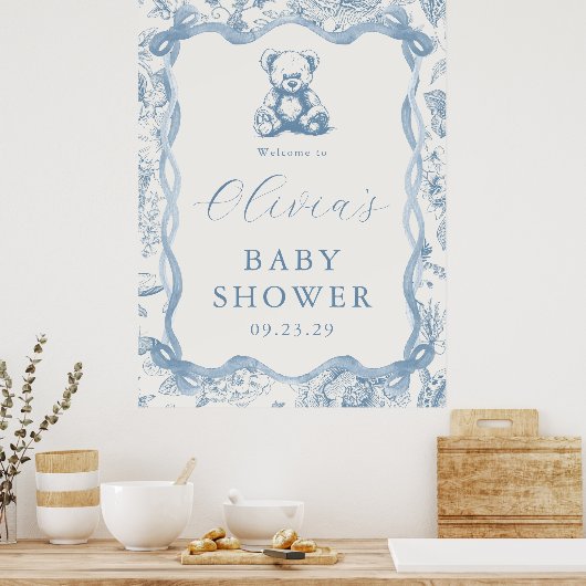 Blue Toile Teddy Bear Baby shower Welkomstbord Poster (Keuken)