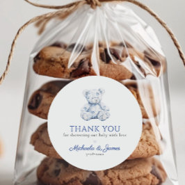 Blue Toile Teddy Bear Boy Baby shower Favoriet Ronde Sticker