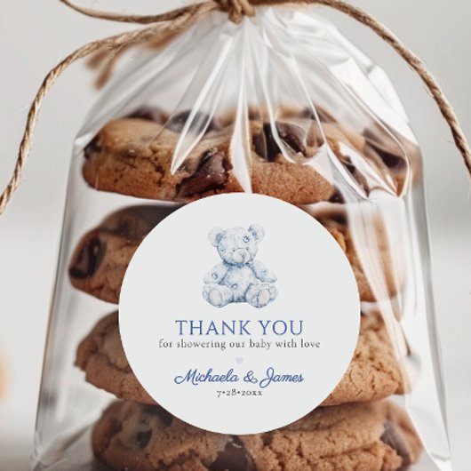Blue Toile Teddy Bear Boy Baby shower Favoriet Ronde Sticker