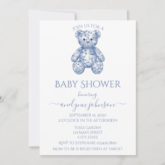 Blue Toile Teddy Bear Boy Baby shower Kaart (Voorkant)