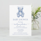 Blue Toile Teddy Bear Boy Baby shower Kaart (Staand voorkant)