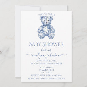Blue Toile Teddy Bear Boy Baby shower Kaart