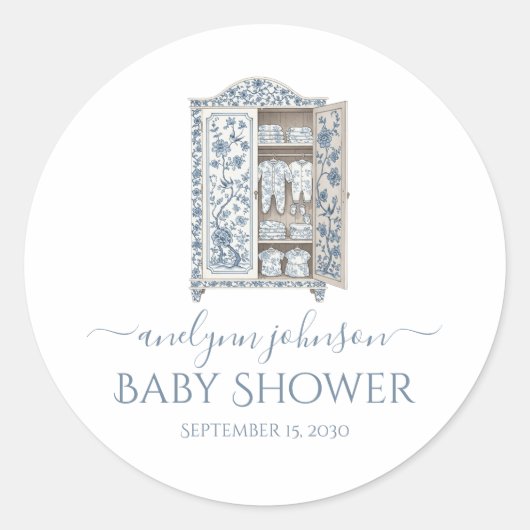 Blue Toile Victorian Wardrobe Baby Shower Ronde Sticker (Voorkant)