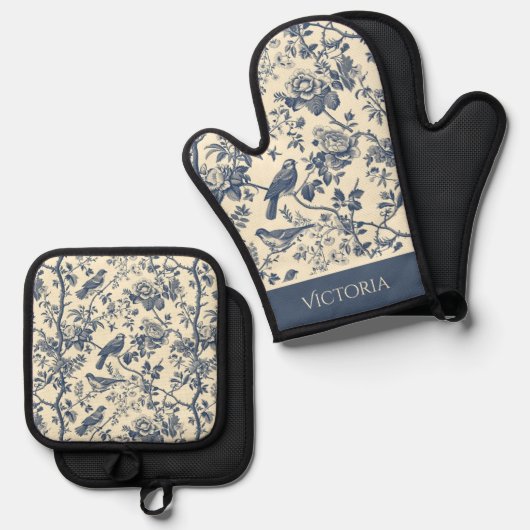 Blue Toile Vogels Gepersonaliseerd Shabby Chic Ovenwant & Pannenlap Set (Voorkant / Achterkant)