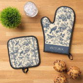 Blue Toile Vogels Gepersonaliseerd Shabby Chic Ovenwant & Pannenlap Set (Top down)
