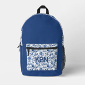 Blue Toile Waterverf Floral Monogram Initiaal Naam Bedrukte Rugzak (Voorkant)