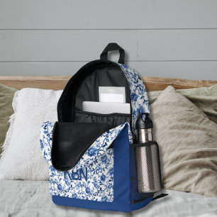 Blue Toile Waterverf Floral Monogram Initiaal Naam Bedrukte Rugzak