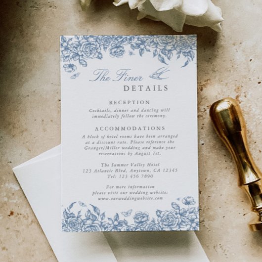 Blue Toile Wedding Details Behuizing Kaart Floral