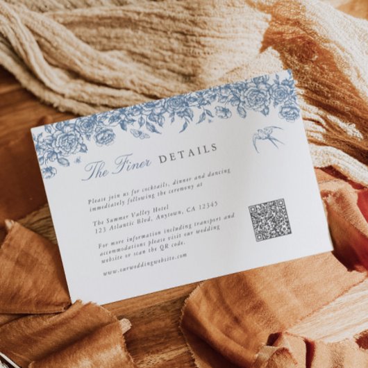 Blue Toile Wedding Details Enclosure Kaart QR-code