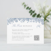 Blue Toile Wedding Details Enclosure Kaart QR-code (Staand voorkant)